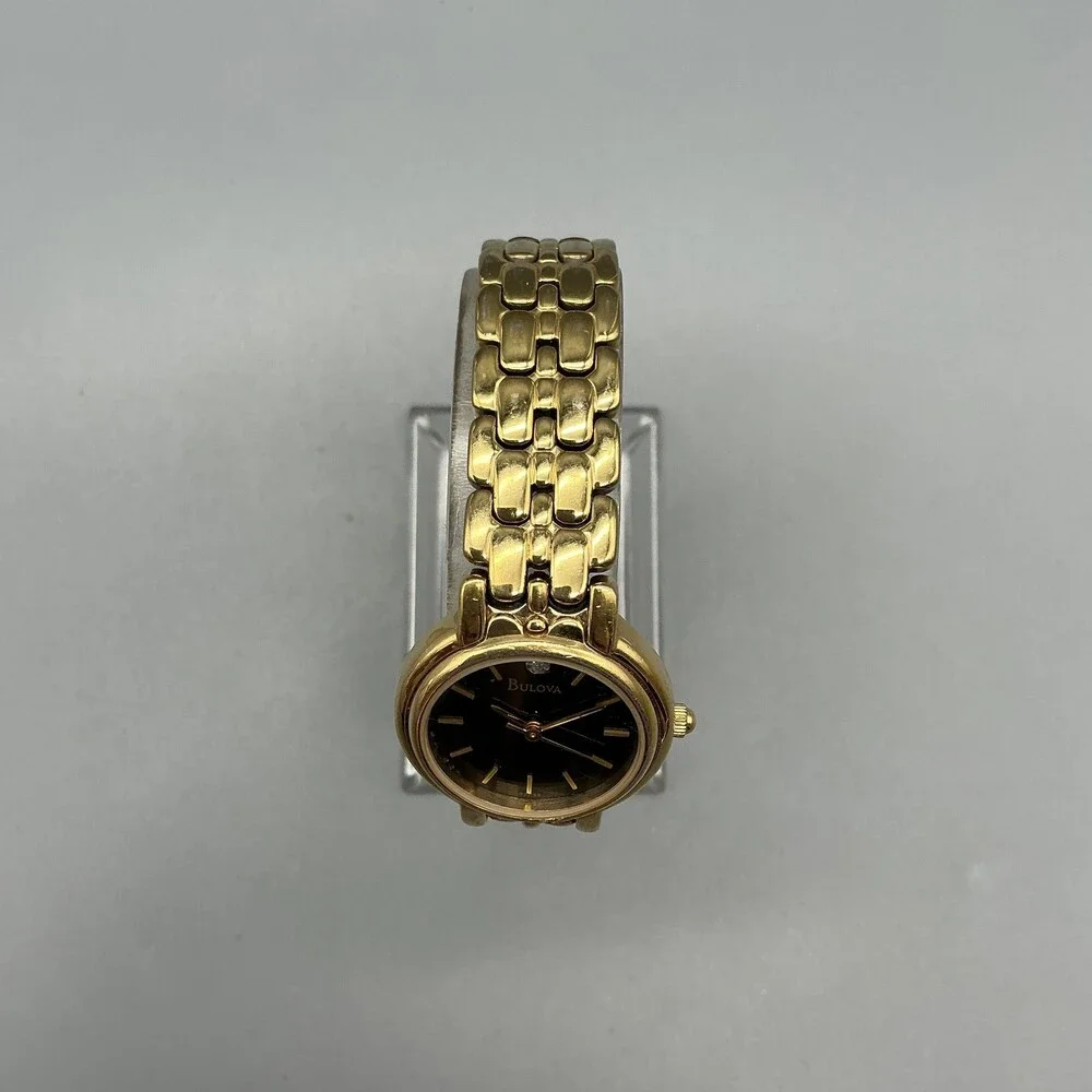 Bulova Womens Watch 24mm Black Dial Gold Tone Bracelet Diamond New Battery 6.75